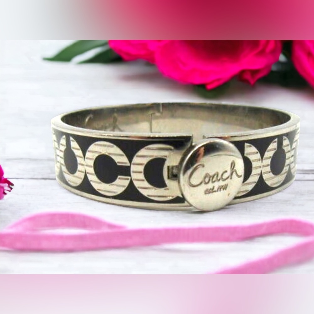 Authentic COACH black enamel silver finish Hinged bangle bracelet